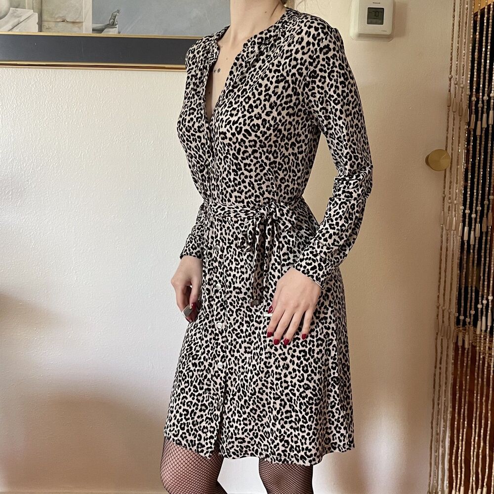 Michael Kors Leopard Print Button Down Long Sleeve Dress Size S Office Work